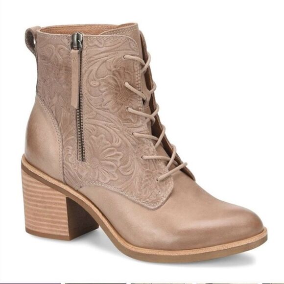 Sofft Sondra Light Taupe Leather Embossed Floral Block Heel Ankle Boots Size 9.5 - Picture 1 of 14